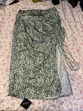 Zaful Green Floral Ruched Side-Tie Skirt
